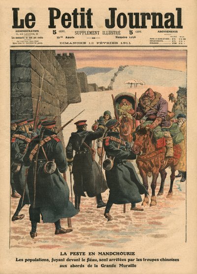 Plaga en Manchuria, personas huyendo de la plaga son detenidas por tropas chinas antes de la Gran Muralla, ilustración de 